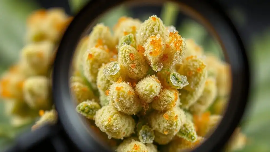 Cannabis trichomes under magnification for harvest timing