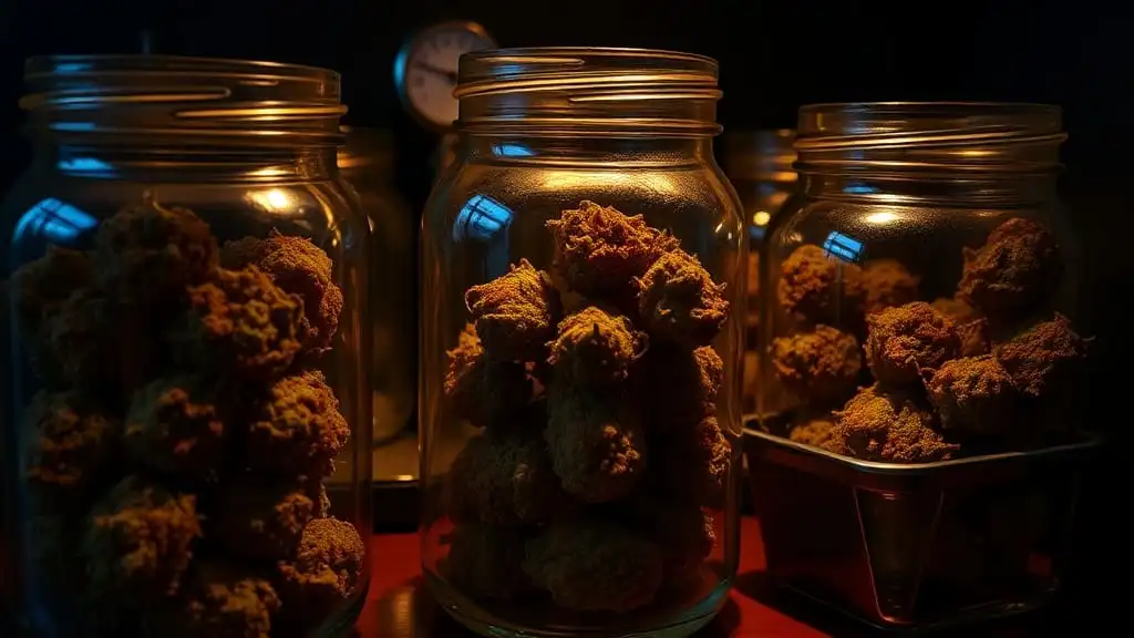 Cannabis buds curing in glass jars