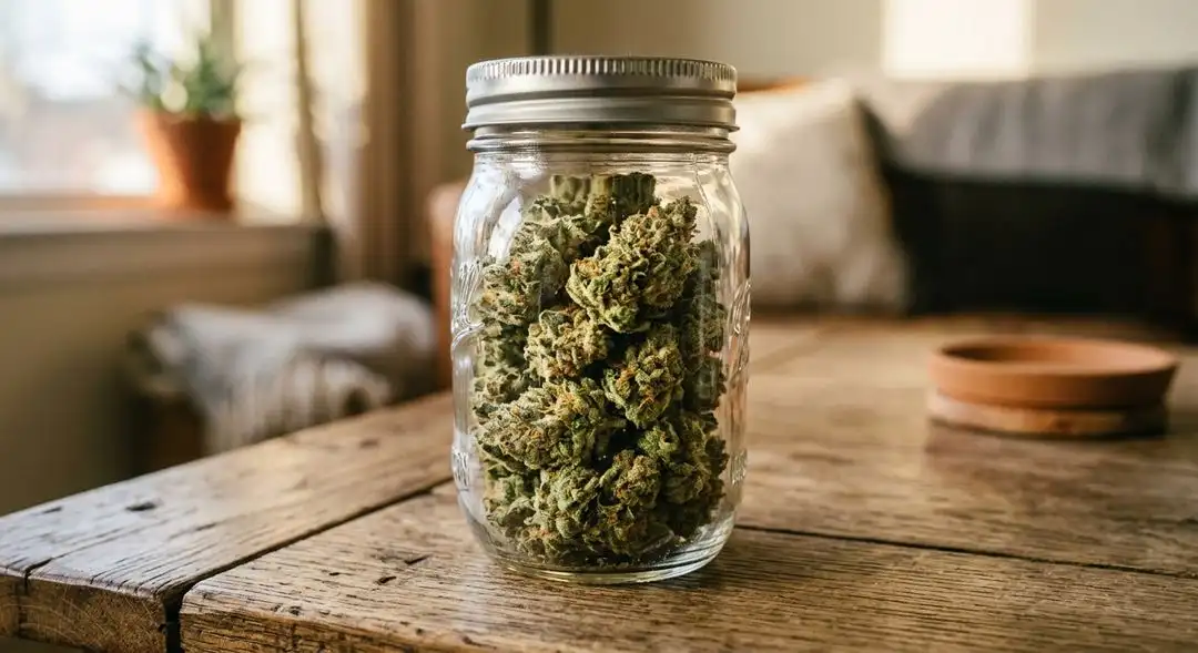 Cured Alaskan Ice feminized cannabis buds showing dense resin-coated structure and frosty trichome coverage