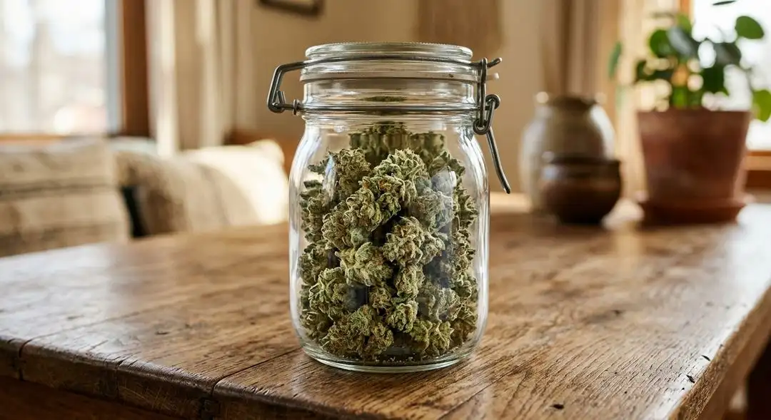 Cured Alaskan Thunder Fuck buds in a mason jar showing dense trichome coverage and rich green coloration