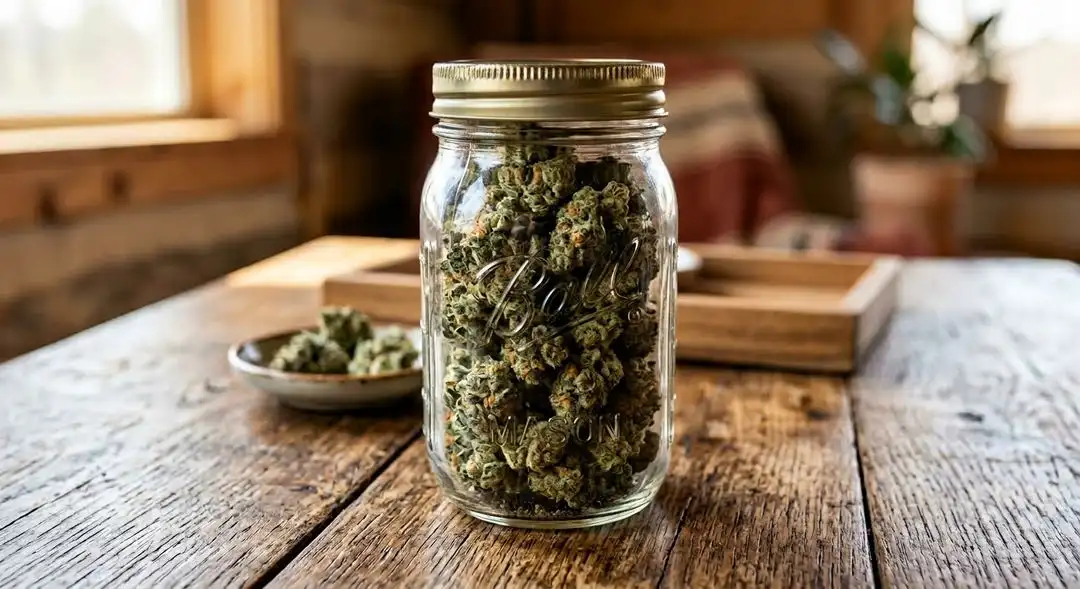 Cured Alien Rock Candy cannabis buds in a glass jar showing amber trichomes and rich green and purple coloration