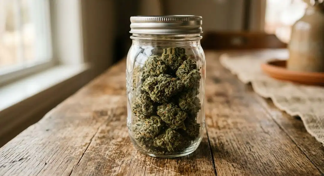 Cured Amnesia Haze cannabis buds in a glass jar showing light green coloring and trichomes