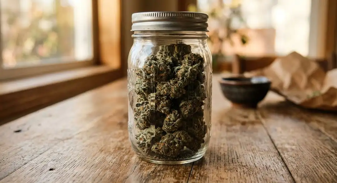 Properly cured Amnesia Trance cannabis buds in glass jar showing trichome density and amber pistils after 70-84 day flower