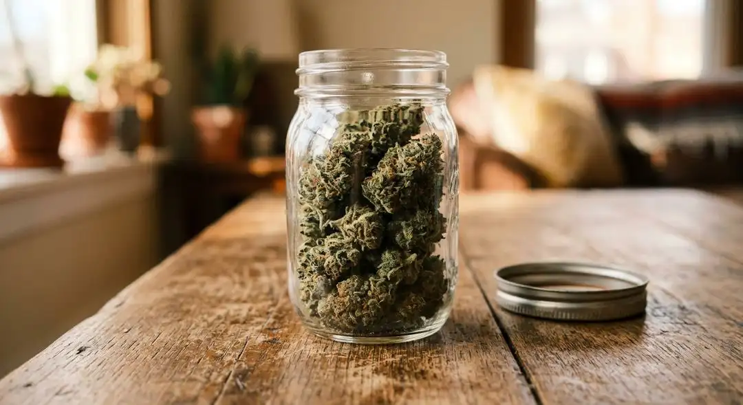 Cured Aurora Indica feminized buds showing dense indica structure, earthy green coloration, and heavy resin coverage from Afghan and Northern Lights genetics