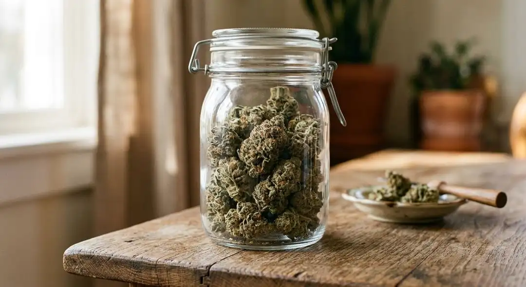 Cured Badazz Cheese cannabis buds in a glass jar showing frosty trichome coverage and deep green and purple coloration