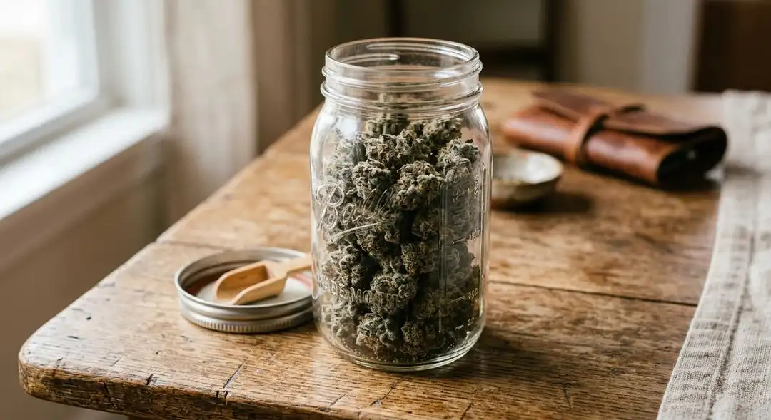 Cured Banana Kush cannabis buds in a glass jar showing rich amber trichomes, orange pistils, and tropical green coloration after proper dry and cure