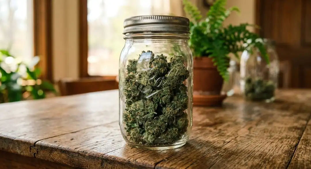 Cured Black Widow cannabis buds in a glass jar showing dense trichome coverage with pine green and purple hues