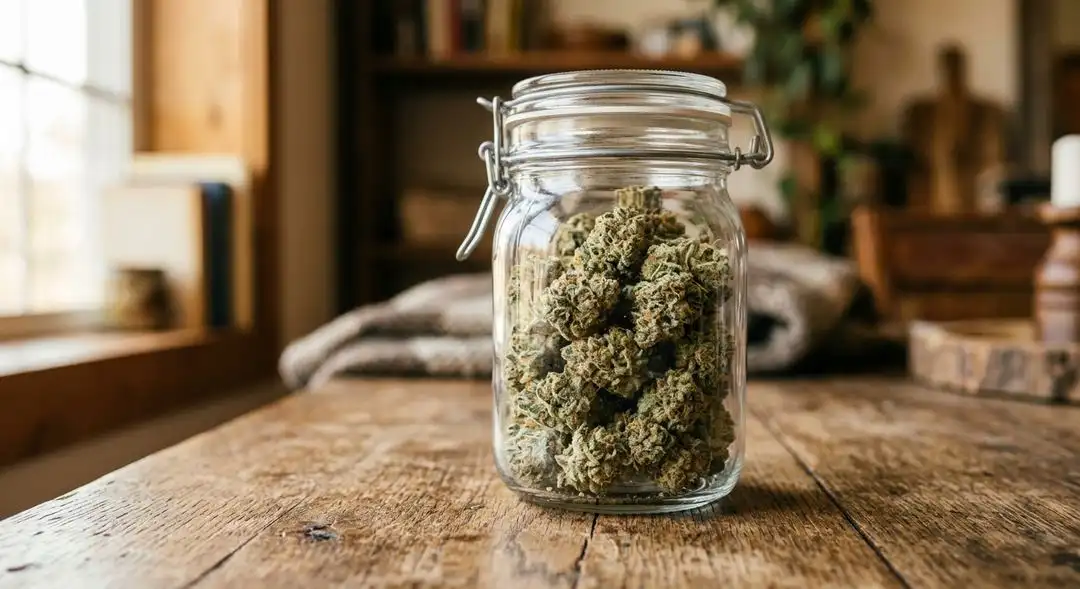 Cured Blackberry Kush cannabis buds in a glass jar showing deep purple and green coloration with heavy trichome coverage