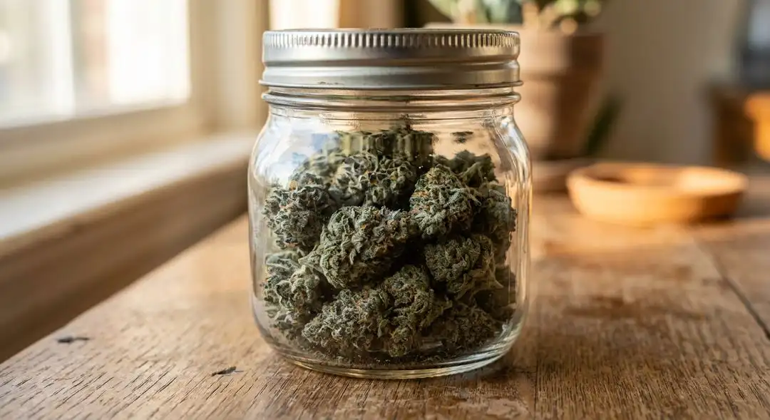 Cured Blue Cheese cannabis buds in a glass jar showing rich green coloring with amber trichomes and visible berry-influenced purple tones