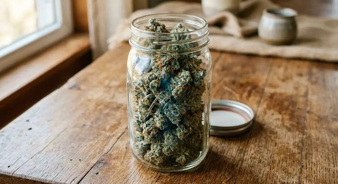 Cured Blue Dream cannabis buds in glass jar with berry-colored trichomes