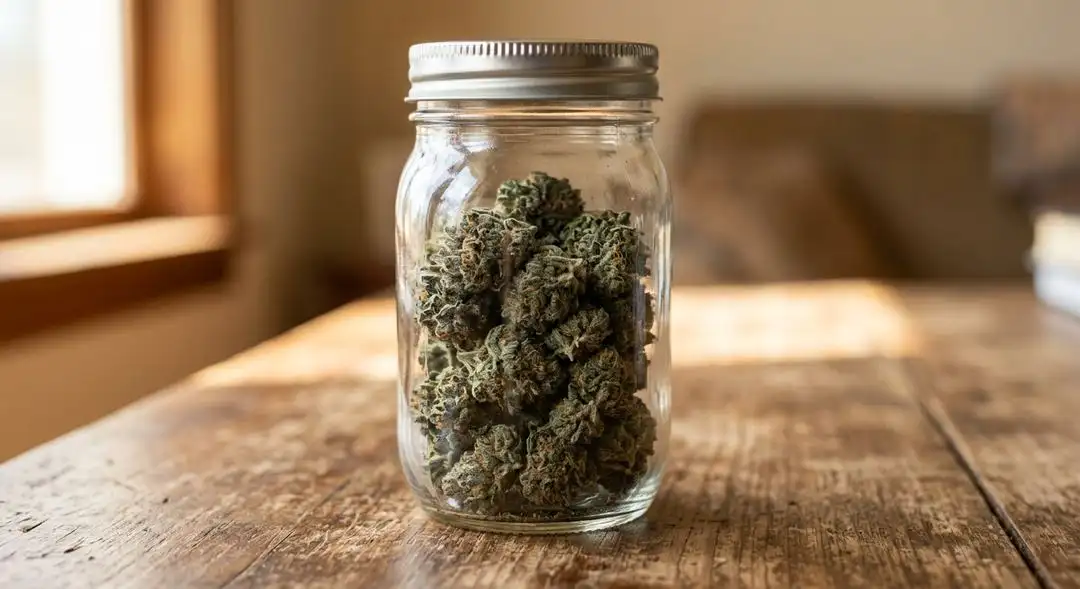 Cured Blue Magoo cannabis buds in a glass jar showing purple-blue hues, dense trichome coating, and vibrant orange pistils