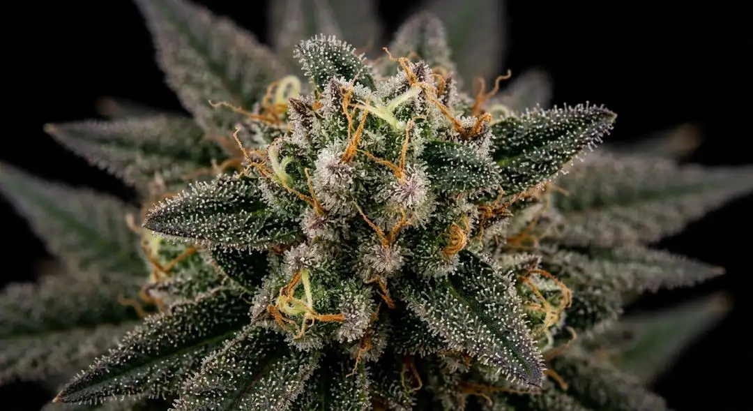 Close-up of Bob Marley feminized cannabis buds showing dense sativa structure with earthy green and amber trichome coverage