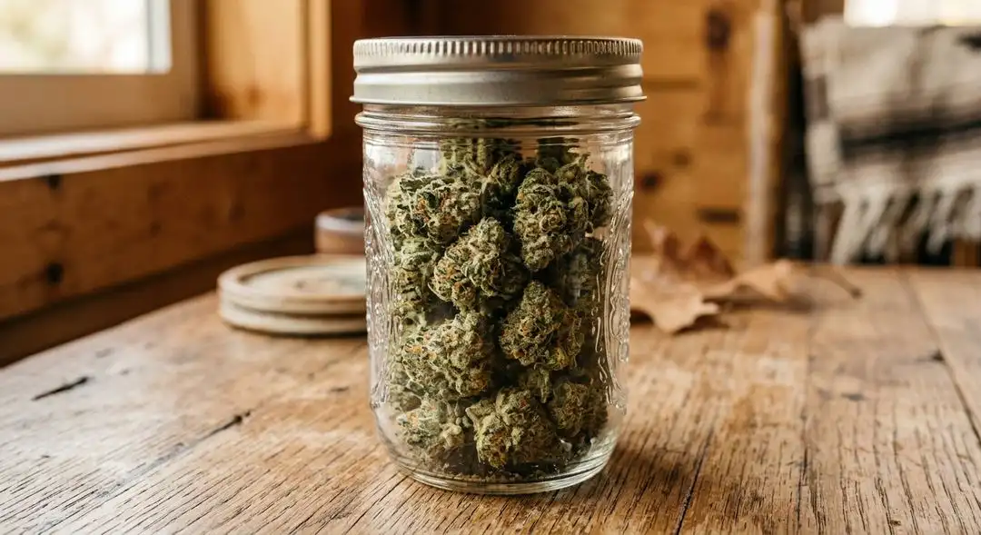Cured Borderliner XTRM cannabis buds in a glass jar showing deep green coloration, heavy trichome coverage, and amber pistils
