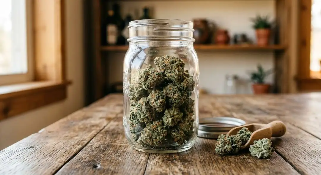 Cured Colombian Gold feminized cannabis buds showing golden-green coloration and dense trichome coverage