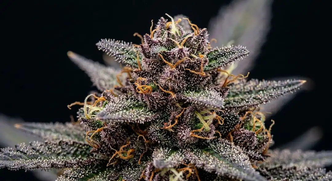 Close-up of Cotton Candy feminized cannabis buds showing dense, frosty calyxes with purple and green hues