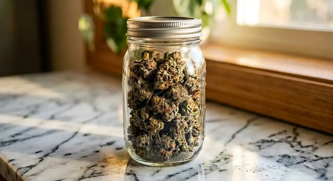 Cured Girl Scout Cookies cannabis buds in a glass jar with purple-tipped calyxes