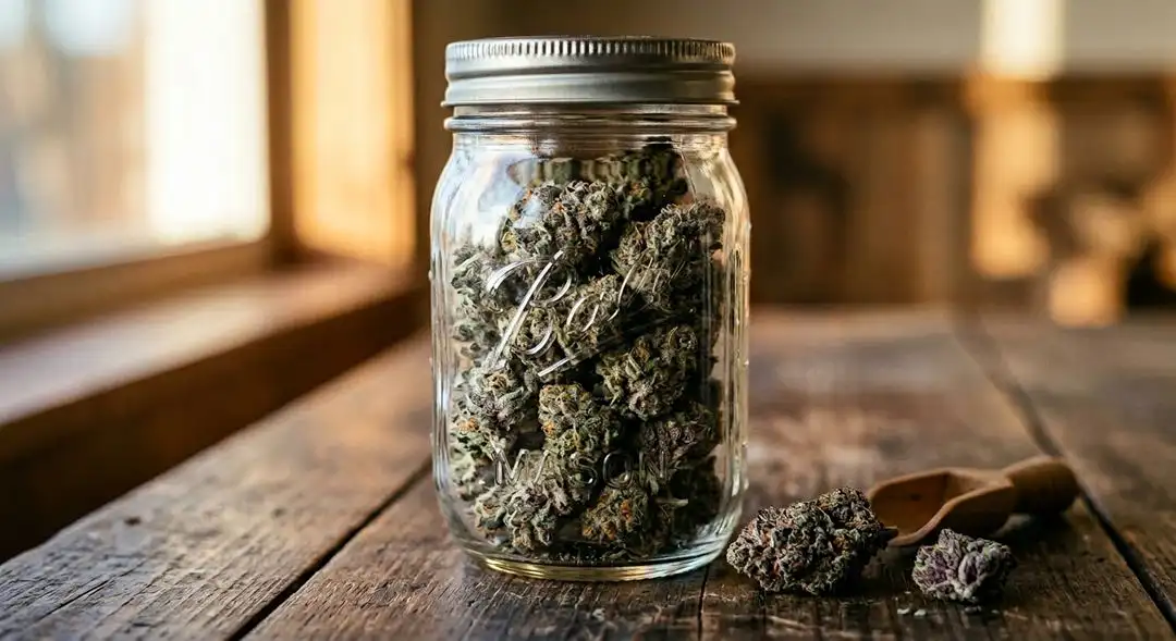 Cured Goji OG cannabis flower showing rich trichome coverage with berry and purple tones under close inspection