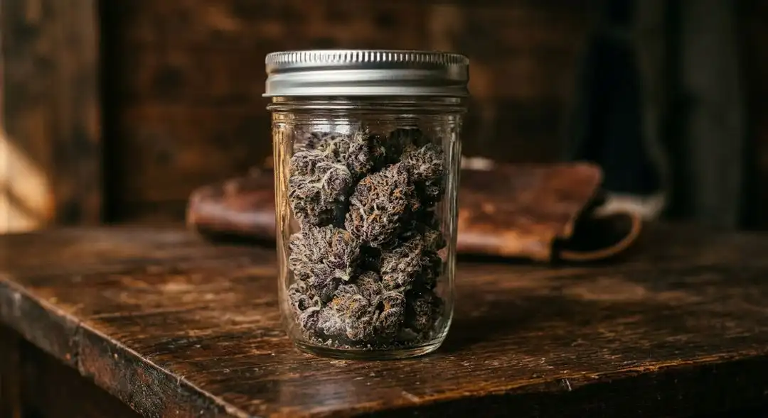 Cured Granddaddy Purple cannabis buds with deep purple and green colors