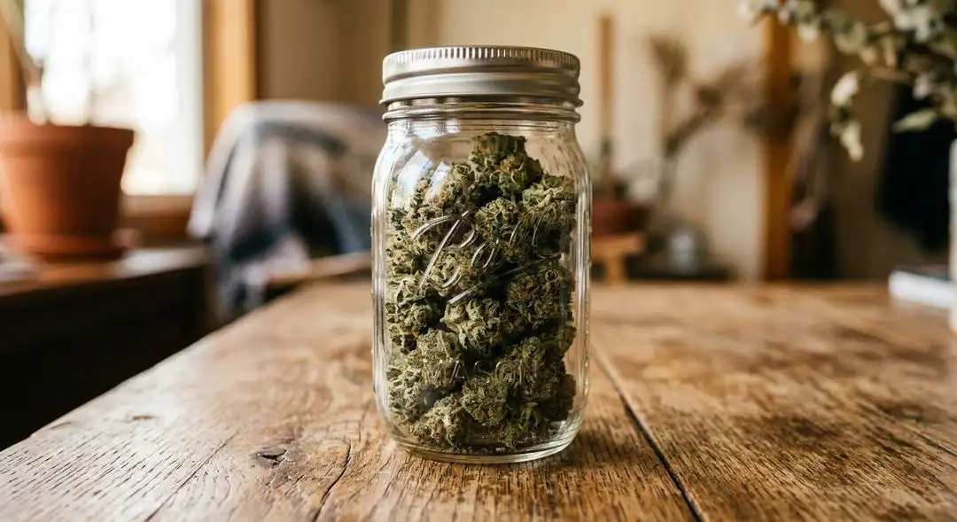 Cured Holy Grail Kush buds in a glass jar showing thick trichome coverage, deep green color, and orange pistils