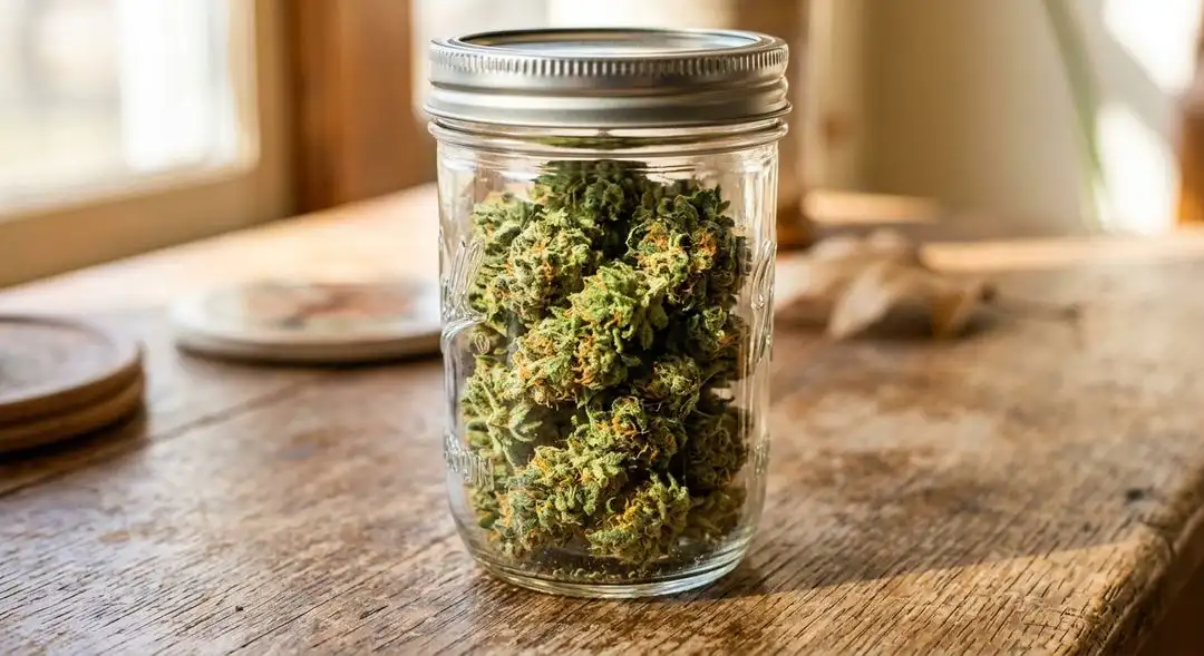 Cured Jack Herer cannabis buds in a glass jar showing amber trichomes