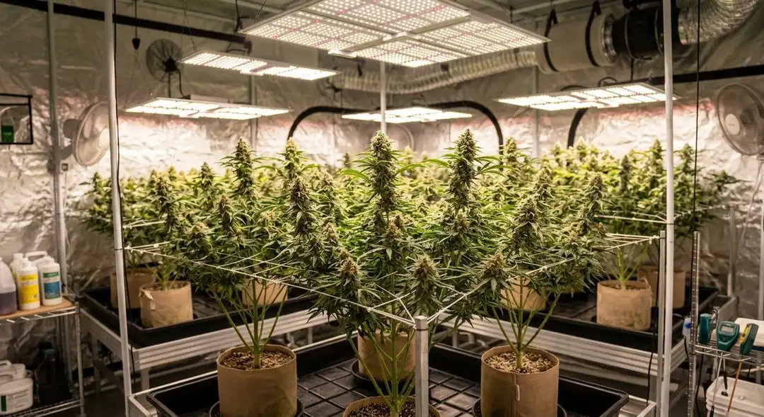 Jack Herer cannabis plants growing tall with multiple branches under grow lights