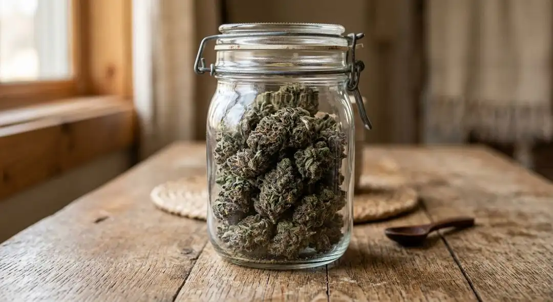 Cured Jillybean cannabis buds in a glass jar showing vibrant orange pistils, dense trichome coverage, and green-purple hues