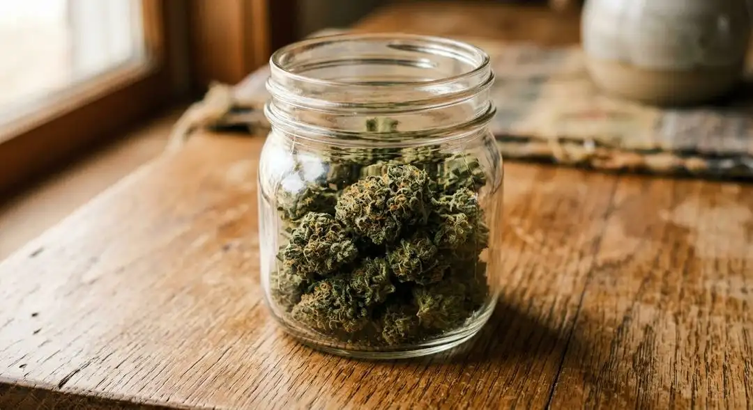 Cured Khalifa Kush buds showing dense OG structure, deep green coloration with orange pistils and heavy trichome coverage