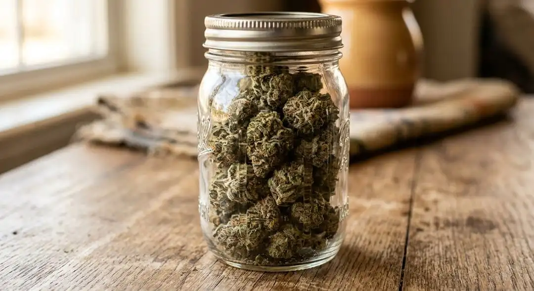 Properly cured Kosher Kush buds in a glass jar showing dense trichome coverage and rich green coloration