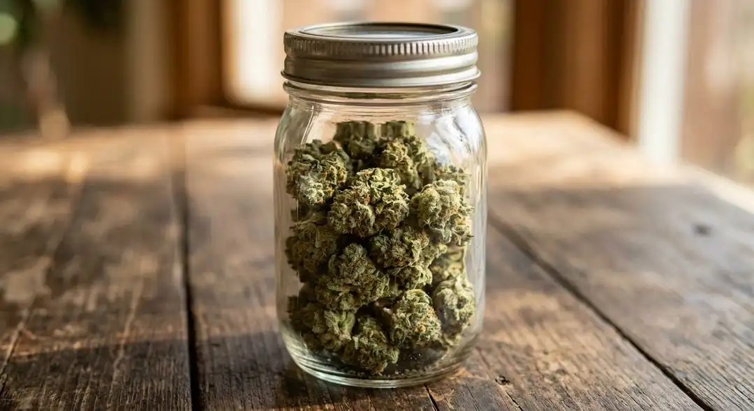 Close-up of cured LA Confidential cannabis buds showing dense resin-coated indica structure with deep green coloration and orange pistils