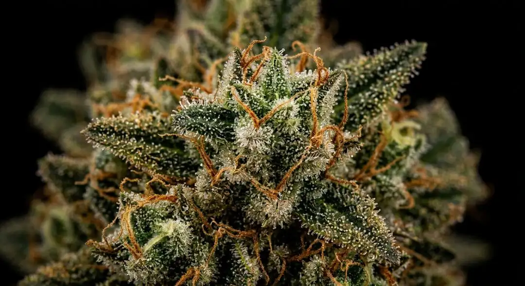 Dense Lemon Kush feminized cannabis buds covered in trichomes with vibrant citrus-yellow pistils and resinous coating