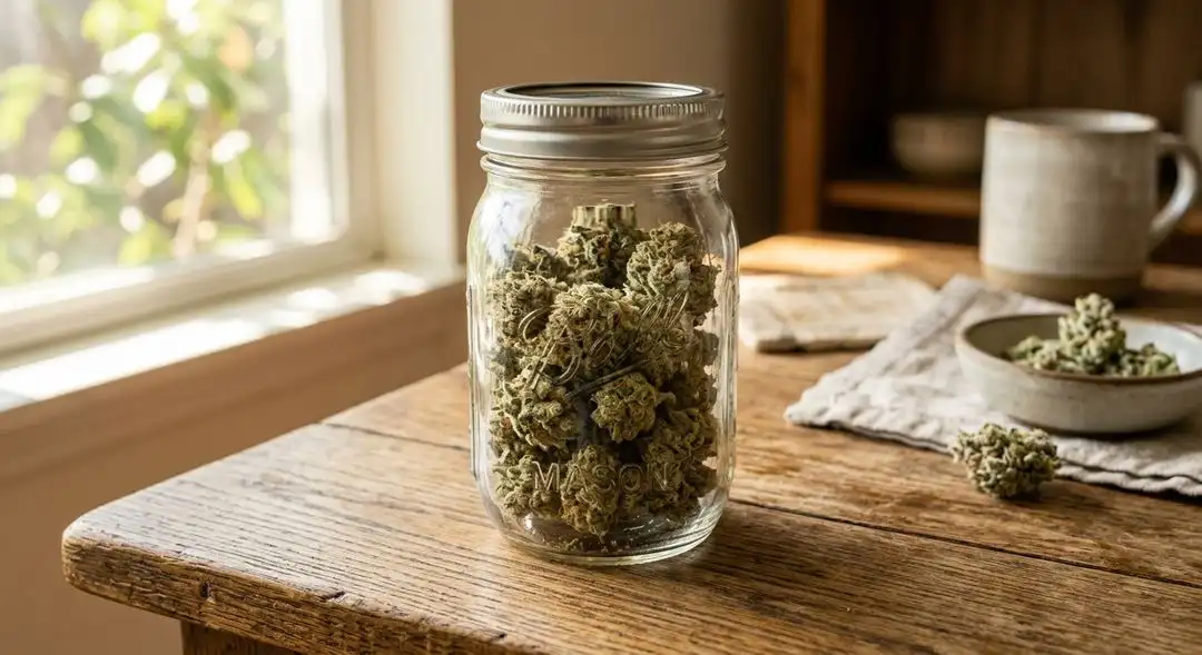 Properly cured Lemon Kush cannabis buds in a glass jar showing golden trichome coverage and deep orange pistils against bright green calyxes