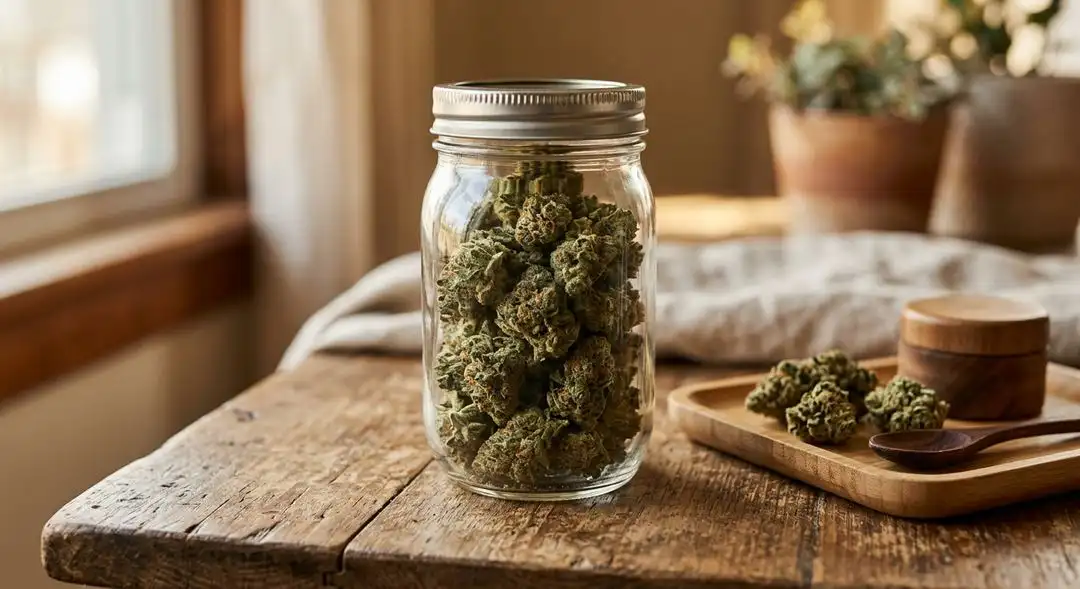 Properly cured Lemon Skunk cannabis buds in a glass jar showing golden trichome coverage and vibrant orange pistils