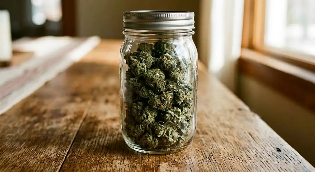 Cured LSD cannabis buds in a glass jar showing purple and green coloration with thick trichome frost and rich resin