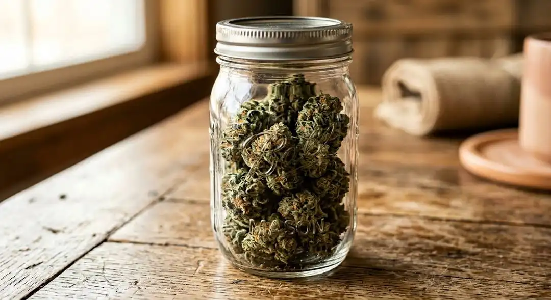 Cured Master Kush buds showing dense indica structure with resinous trichomes and deep green coloration