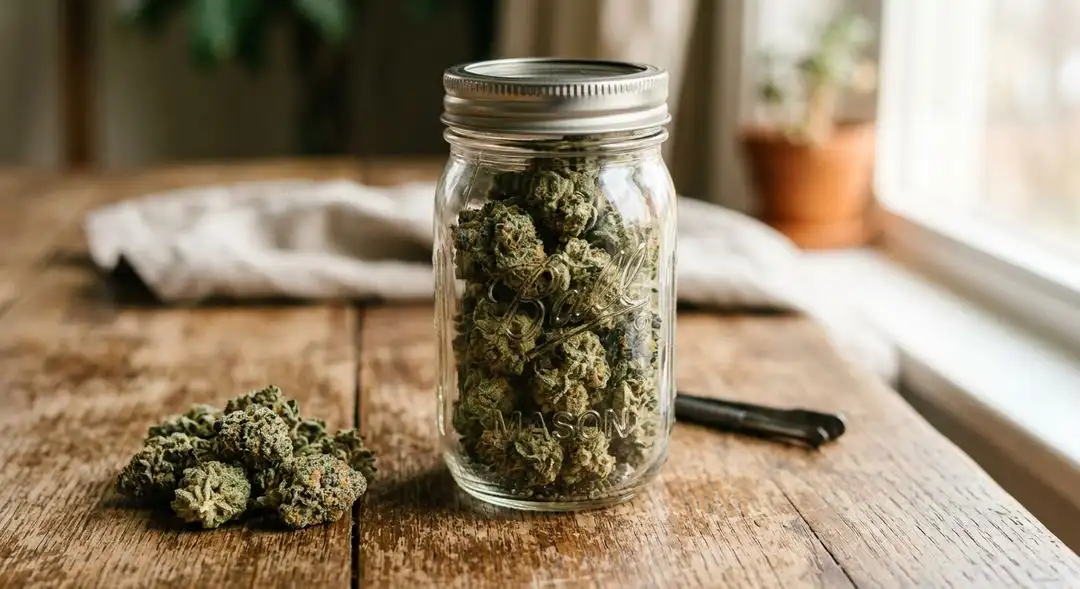 Properly cured Monster cannabis buds in a glass jar showing deep green and purple coloration with thick trichome coverage