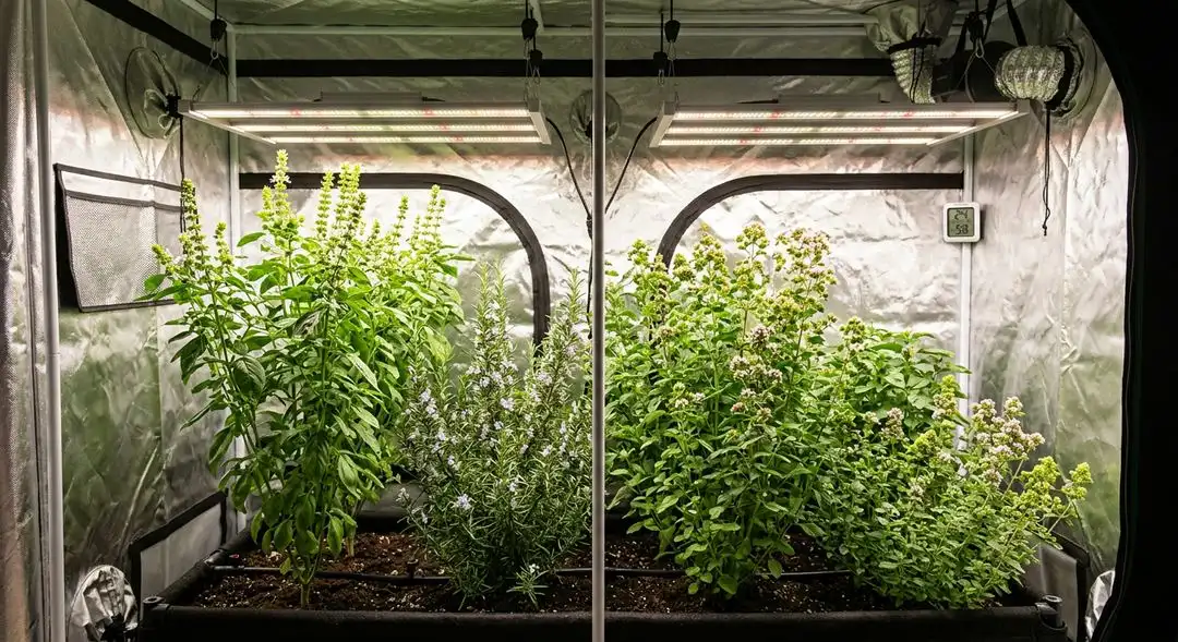 Monster feminized cannabis plants in mid-flower under LED grow lights showing dense lateral branching and heavy bud sites