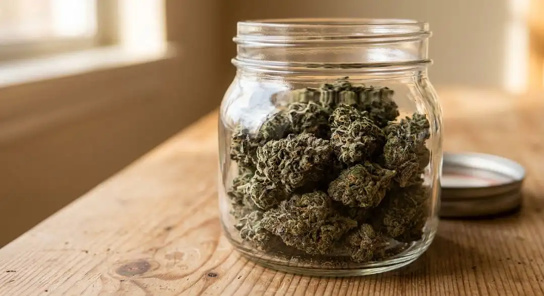 Cured Northern Lights cannabis buds in glass jars with dense trichome coverage