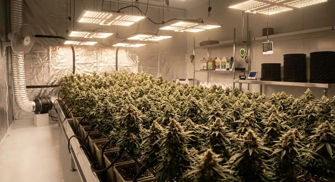 OG Kush cannabis plant in late flowering stage showing dense bud sites and heavy resin production under LED grow lights