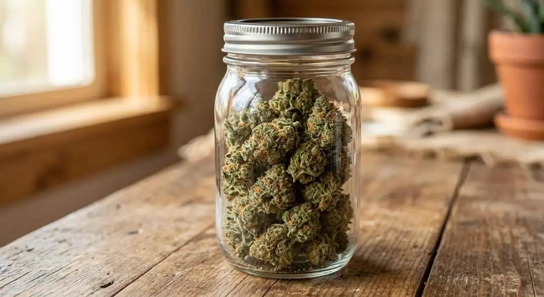 Cured Orange Bud cannabis flowers showing dense, resin-coated orange-tinted buds with visible trichome coverage