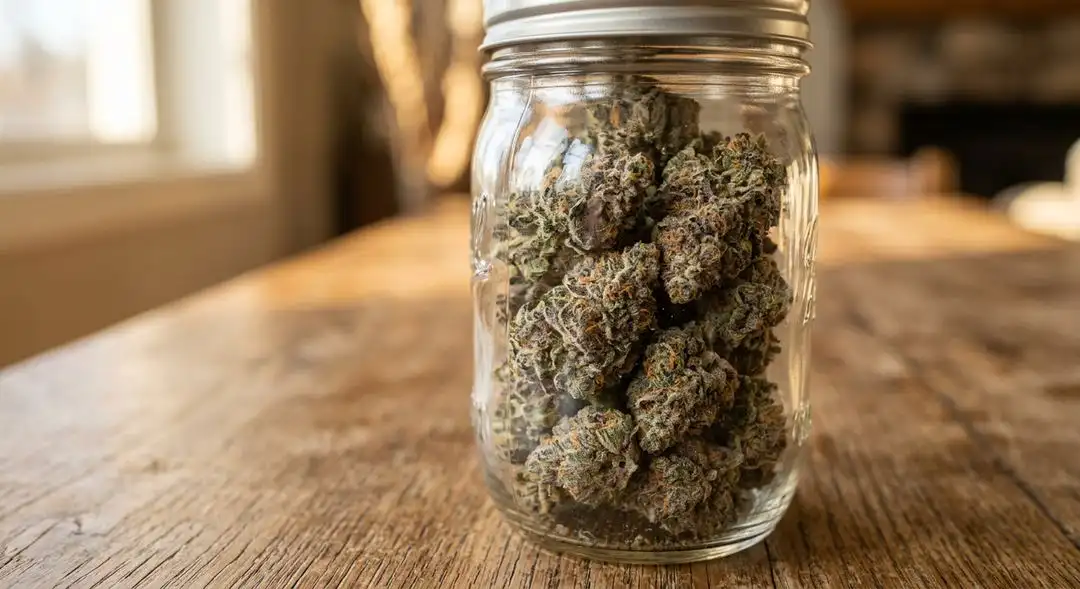 Properly cured Phantom Cookies cannabis buds in a glass jar showing deep purple coloration, dense trichome coverage, and orange pistils