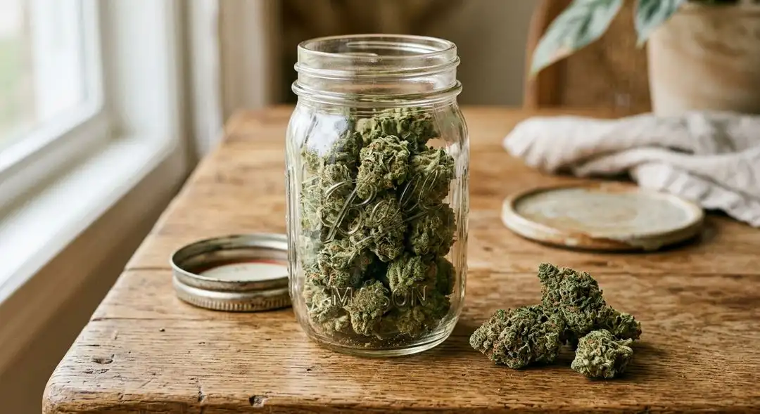 Cured Platinum Bubba Kush buds in a glass jar showing silver trichome coverage, deep green color, and rich resin development