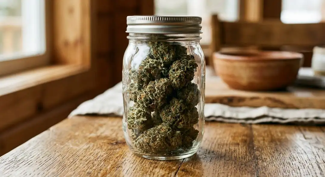 Cured Plushberry Autoflower buds in a glass jar showing deep purple and green coloration with heavy trichome frost