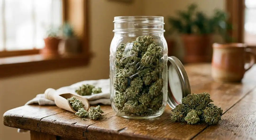 Cured Pure Power Plant cannabis buds showing dense sativa structure with visible trichomes and orange pistils