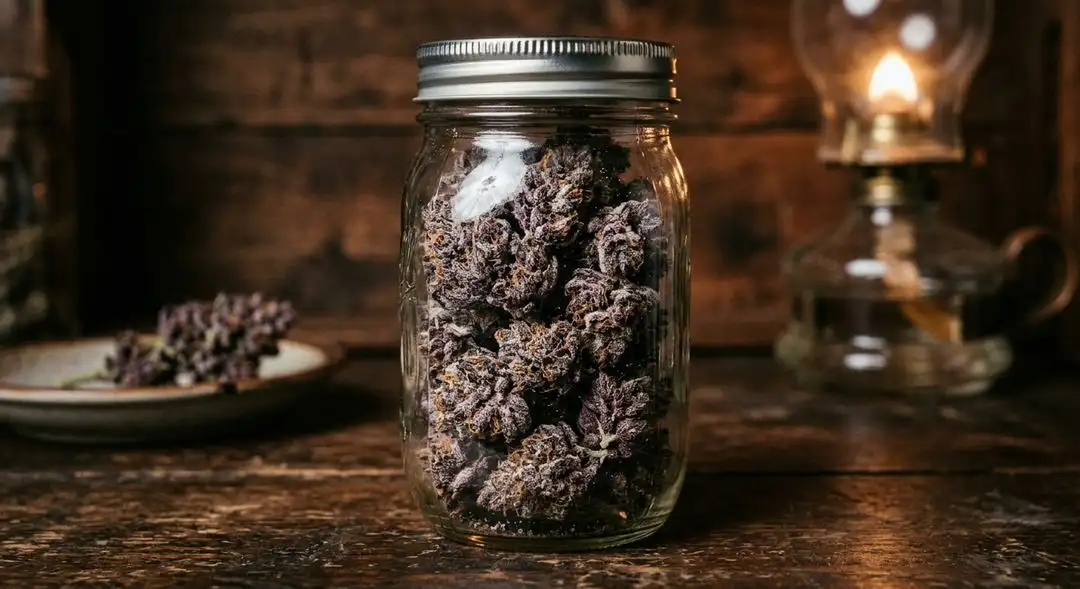 Cured Purple Kush cannabis buds in glass jar with deep purple coloring