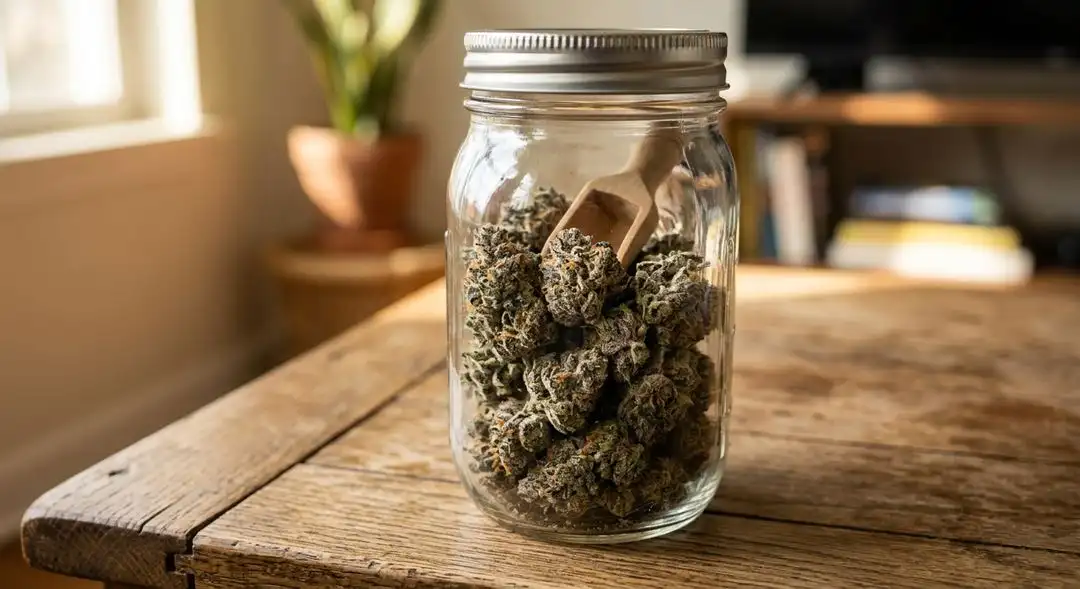 Cured Purple Power cannabis buds in a glass jar showing vivid purple coloring, visible trichomes, and mature pistil development