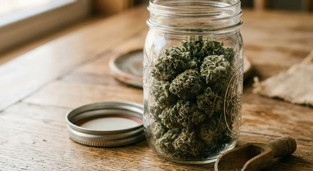 Cured Quantum Kush buds in a glass jar showing frosty trichome coverage, deep green coloration, and rich amber pistils