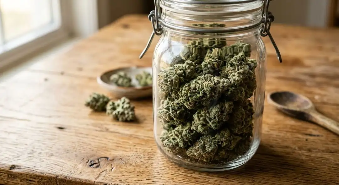 Cured Royal Dwarf Autoflower buds in a glass jar showing earthy green color, trichome coverage, and compact Skunk-influenced bud structure
