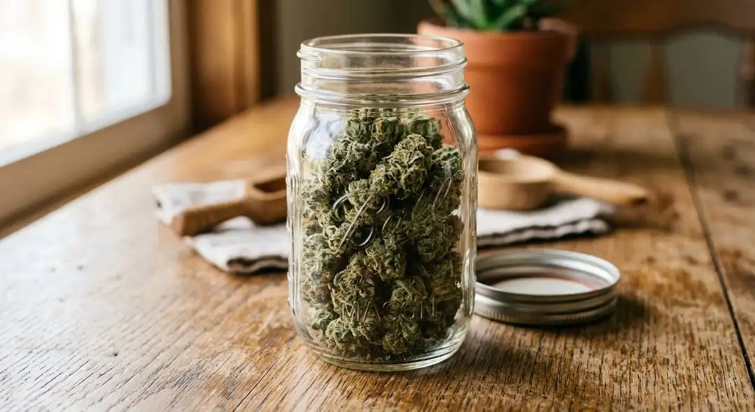 Cured Silver Pearl cannabis buds showing heavy trichome coverage, elongated sativa calyxes and resinous silver dusting on dried flower