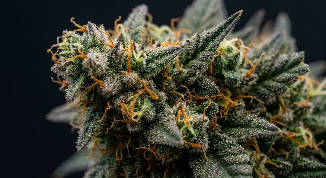 Close-up of Skunk #1 feminized cannabis buds showing dense green calyxes with orange pistils and frosty trichomes