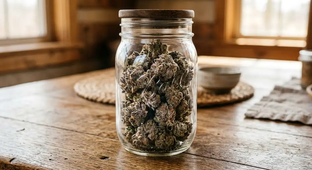 Properly cured Skunk Red Hair cannabis buds in a glass jar showing rich orange hairs, resinous trichomes, and deep green coloration